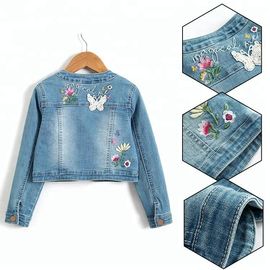 Long Sleeve Kids Denim Clothes / Girls Denim Jackets With Lace Patch Decoration